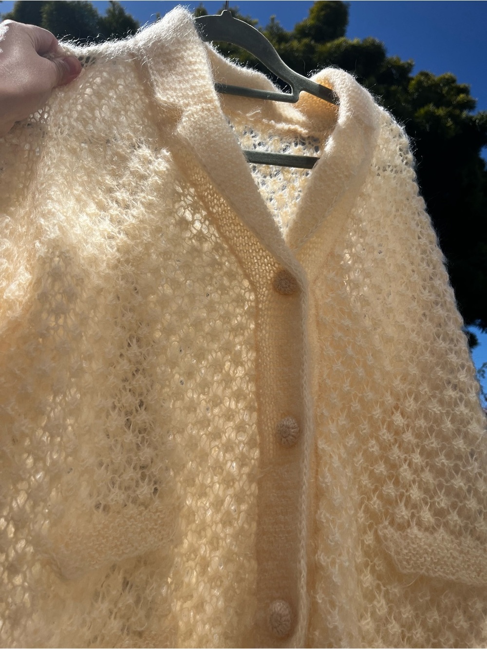 RARE! Vintage 60s Cream Mohair Wool Open-Knit Slouchy Retro Cardigan Sweater L - Picture 7 of 15